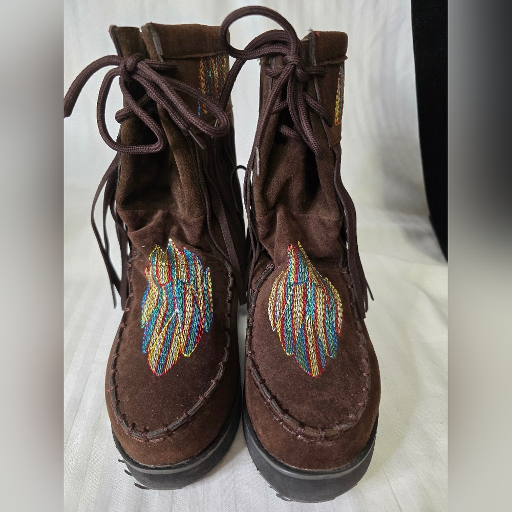Brown Suede Boots with Colorful Embroidery Dr Scholls